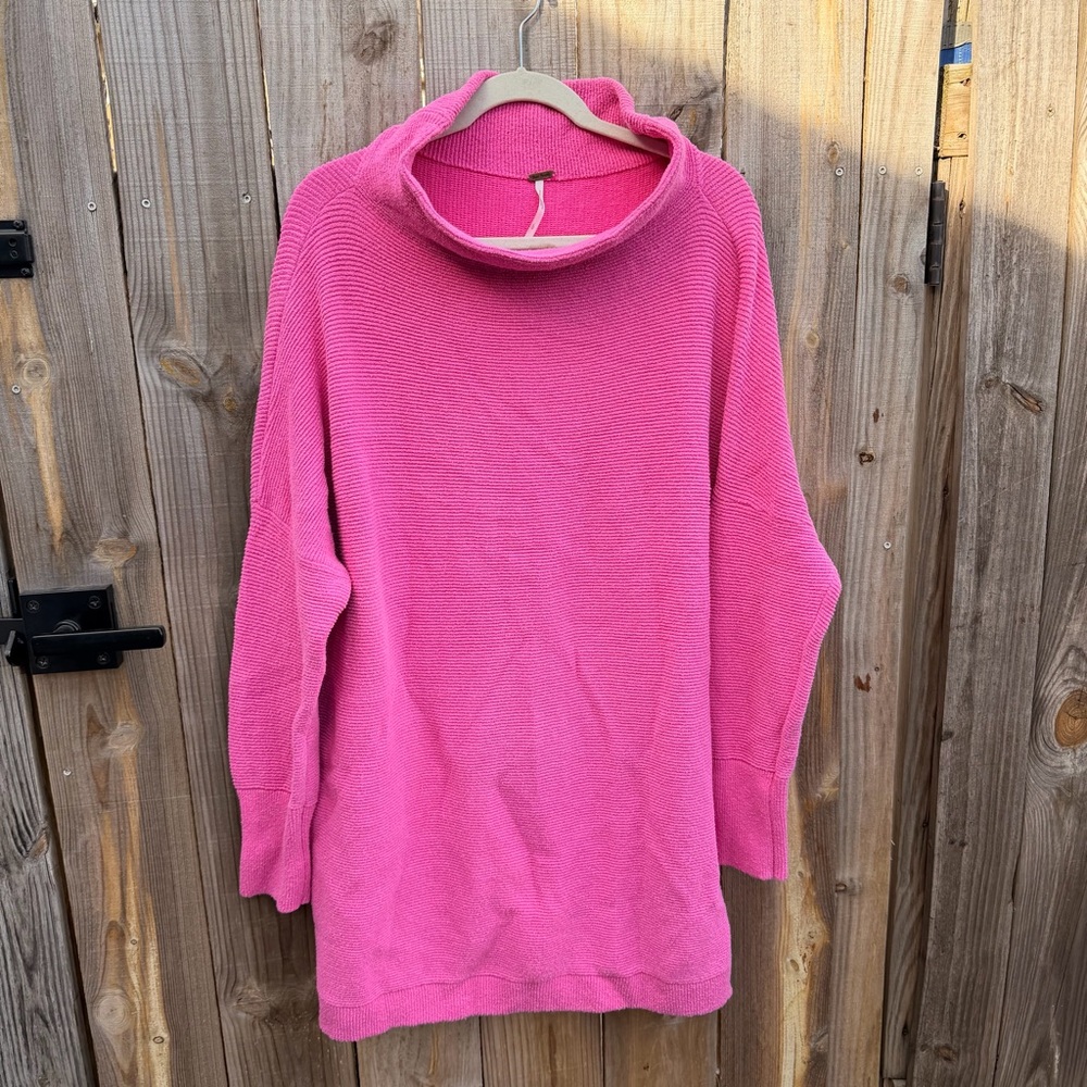 Free People Ottoman Slouch Tunic Size L Bright Pink Long Sleeve Oversized Ribbed